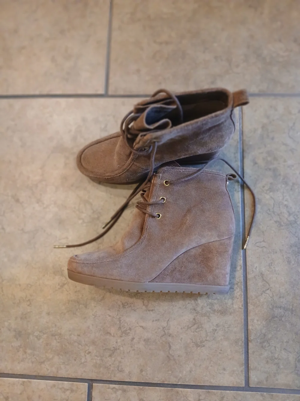 Michael Kors Taupe Suede Lace-Up Wedge Booties